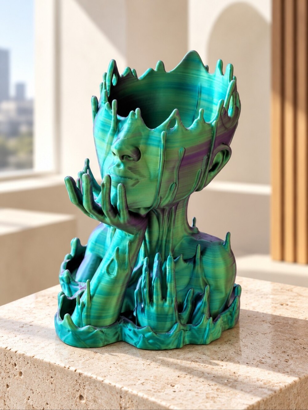 3D Printed Melting Woman Iridescent Head Planter With Drip Tray